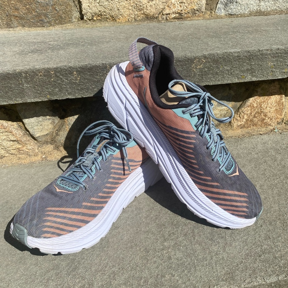 Hoka One One Women's Grey Blue and Peach Sneakers